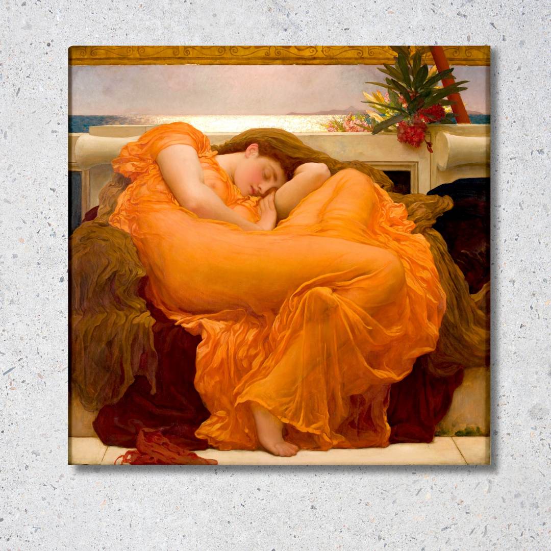 Reprodukcia diela Frederic Leighton – Horiaci jún, majstrovské dielo viktoriánskeho akademizmu, spiaca žena v žiarivých oranžových šatách, symbolika leta a antická elegancia.