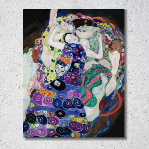 Obraz Gustav Klimt – Panna (Die Jungfrau), skupina spiacich žien v pestrofarebnom kvetinovom objatí, symbolistické dielo s bohatou paletou farieb a ornamentov.
