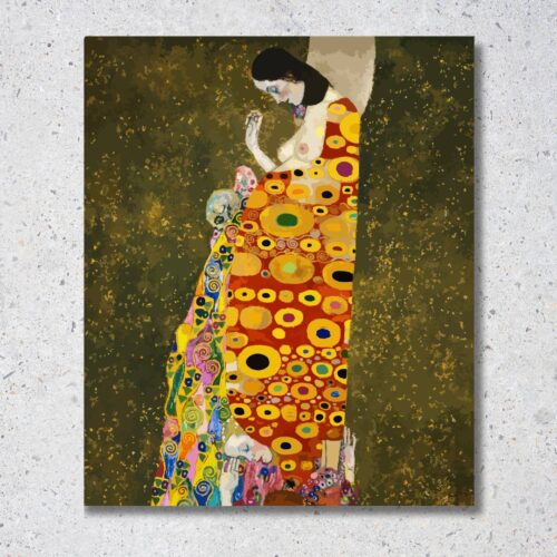 Obraz Gustav Klimt – Nádej II, secesná maľba tehotnej ženy v bohato zdobenom odeve s motívom lebky, symbolika života, smrti a materstva.