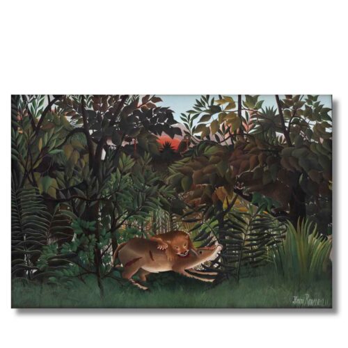 Henri Rousseau – Hladný lev hádžuci sa na antilopu