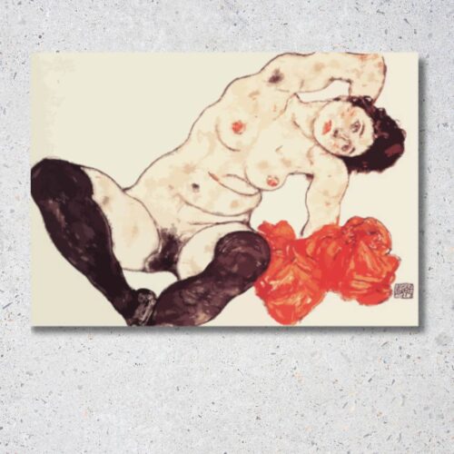Reprodukcia diela Egon Schiele – Akt s červeným uterákom, expresionistický ženský akt s kontrastným červeným prvkom, ikonická viedenská moderna.