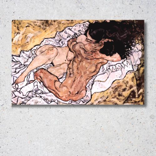 Reprodukcia obrazu Egon Schiele – Pár v objatí, expresionistické dielo zobrazujúce intímny moment milencov, výrazná kresba linkou a emotívna kompozícia.