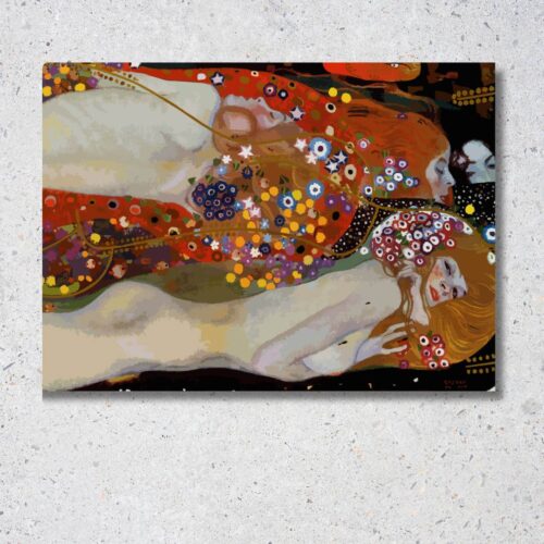 Reprodukcia obrazu Gustav Klimt – Vodné hady II, viedenská secesia, zmyselná snová kompozícia plávajúcich žien so zlatými ornamentmi a kvetinovými prvkami.