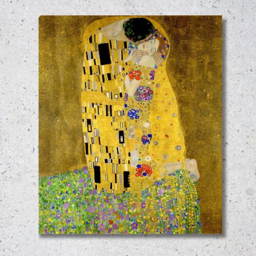 Obraz Gustav Klimt – Bozk, vrcholné dielo viedenskej secesie, milenci v zlatom objatí s bohatými ornamentmi, dekoratívna maľba so zlatými prvkami a kvetinovými motívmi.