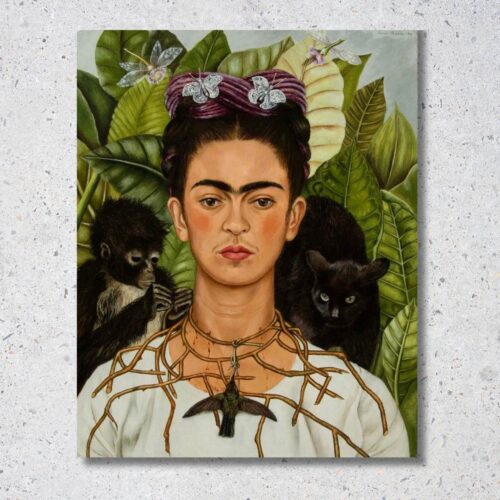 Reprodukcia obrazu Frida Kahlo Autoportrét s tŕňovým náhrdelníkom a kolibríkom, kvalitná tlač na plátno s detailmi flóry a fauny.