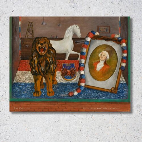 Reprodukcia obrazu Výklad v Detroite od Fridy Kahlo, pohľad do výkladu obchodu s hračkami a vlajkou USA.