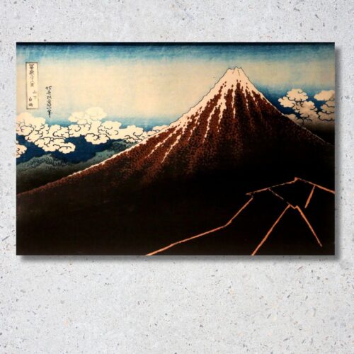 Reprodukcia japonského drevorezu Hokusai Búrka pod vrcholom, hora Fudži nad búrkovými mrakmi s bleskom na plátne.