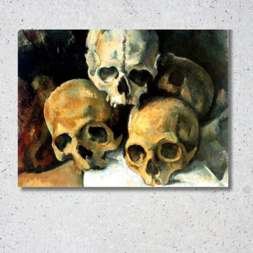 Reprodukcia obrazu Pyramída lebiek od Paula Cézanna na plátne, štyri lebky navŕšené na kope, postimpresionistické dielo.