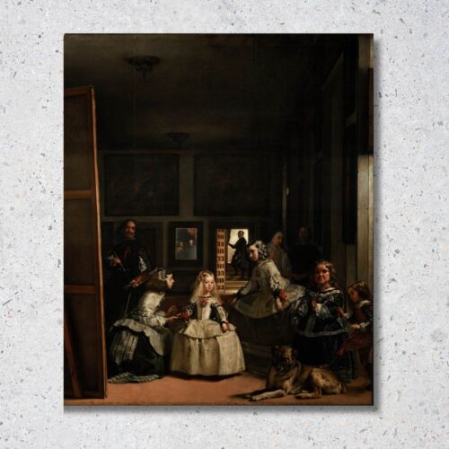 Reprodukcia obrazu Las Meninas (Infantka) od Diega Velázqueza zobrazujúca infantku Margarétu s dvornými dámami v kráľovskom paláci.