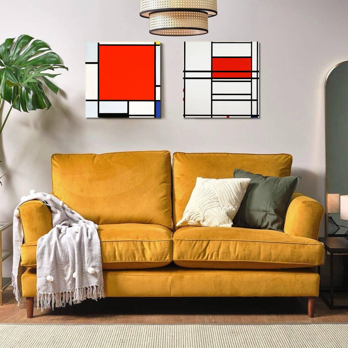 obrazy od Mondriana v interiéri nad žltou sedačkou